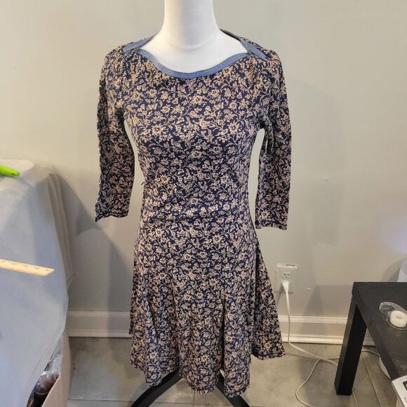 Vintage Ralph Lauren Navy Floral Fit and Flare Dress Size Small Cotton - Picture 1 of 10